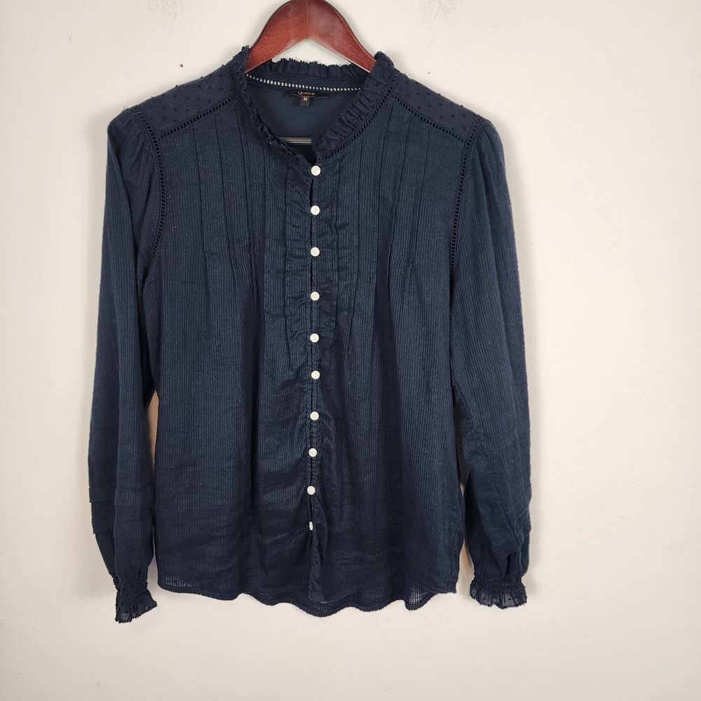 Quince Navy Blue Ruffled Button-Front Blouse